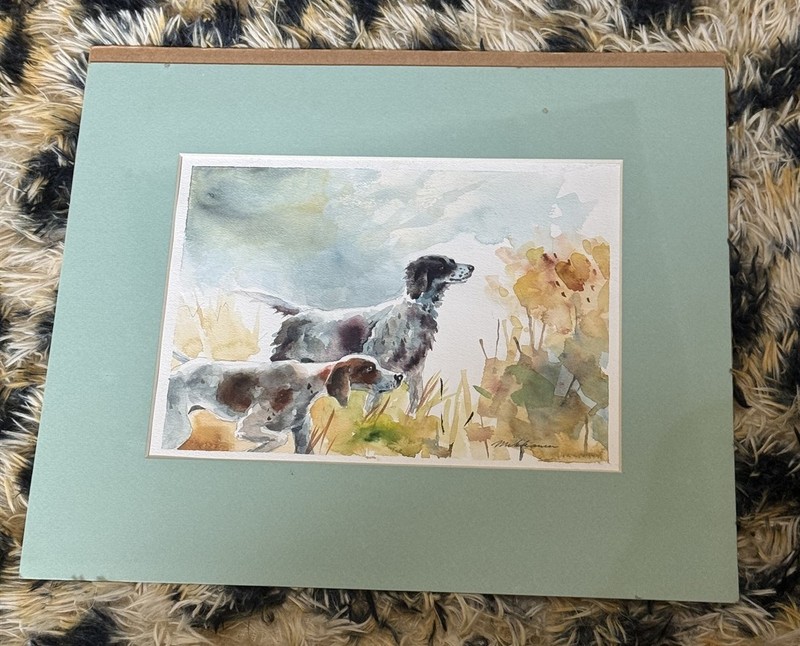 Vintage Watercolor Hunting Dogs Pointer Signed Mikkanen Finnish Art