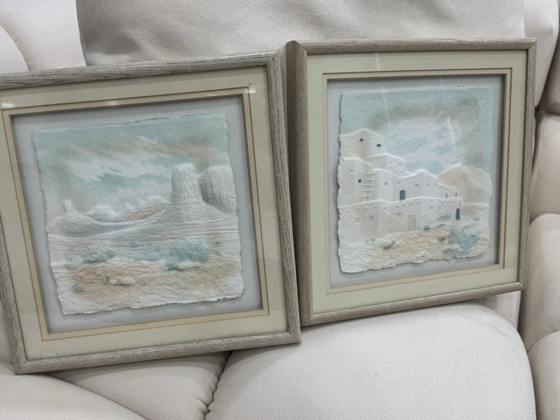 Pair Framed 3D Relief Art Southwest Desert Adobe Pueblo Mesa Landscape Wall D