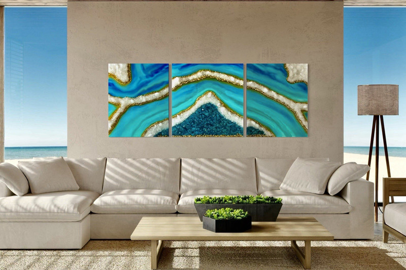 Modern Abstract Art Canvas Print Set Blue Green Gold White Horizontal 3-Piece