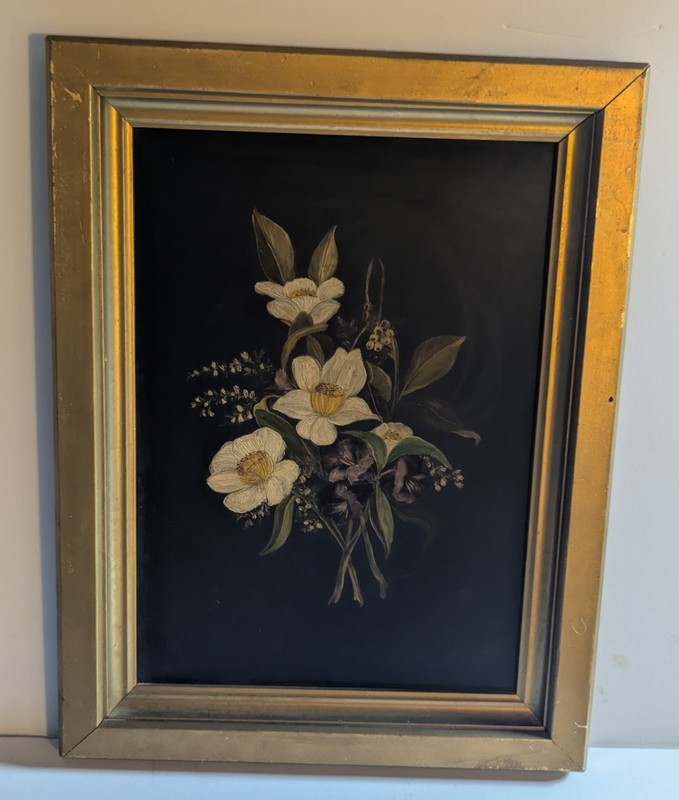 Antique Victorian Floral Oil Painting ON SLATE STONE Framed Wild Roses Moody