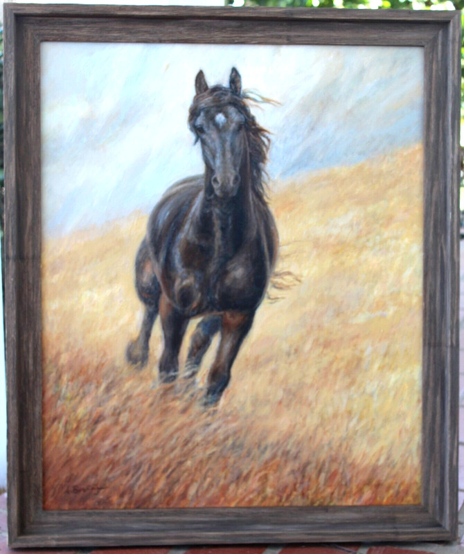 Original Oil Painting Black Horse Running Landscape Storm Alice Berkman Framed