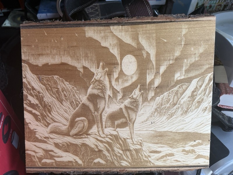 Howling Wolves Laser Etched Wooden Plaque Wildlife Cabin Decor Live Bark Edge