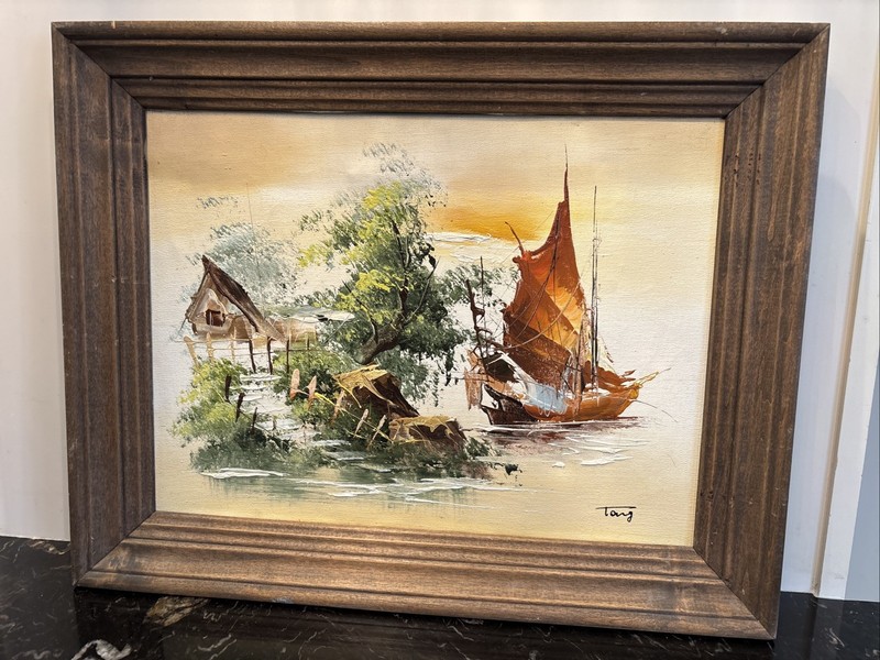 Vintage Asian Junk Boat Oil Painting Signed Framed Art 15x19