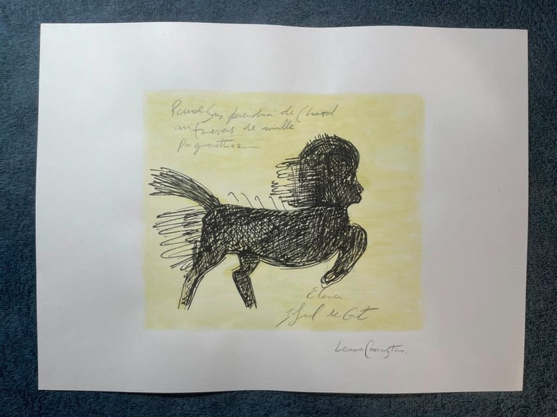 LEONORA CARRINGTON (15.7x 11.8 in) painting on old paper signed stamped
