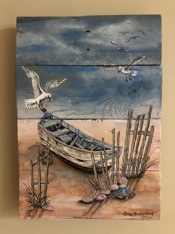 Original Seaside Painting On Reclaimed Wood Old Beached Boat By Anne Bodenburg