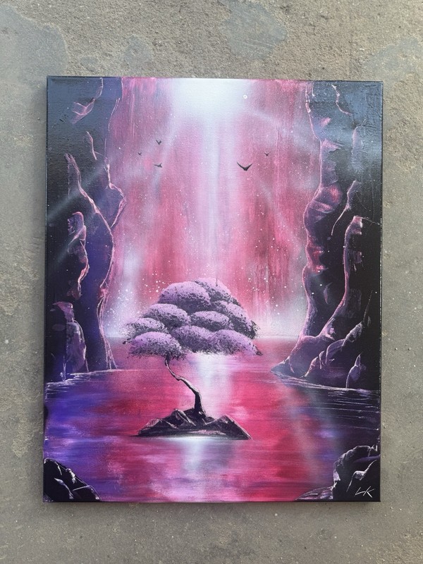 Original Pink Cherry Blossom Spray Painting Art On Canvas 16 X 20in.