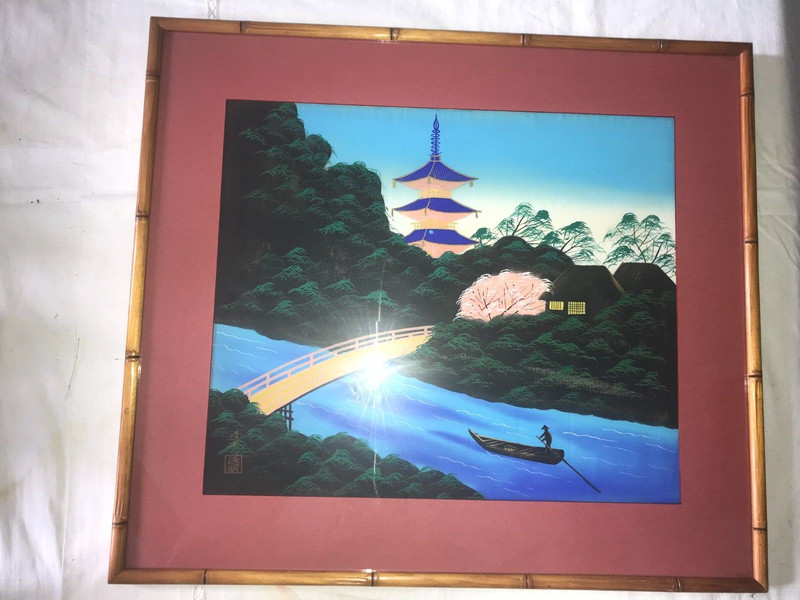 Vintage JAPANESE 1950s OIL on SILK Pagoda BRIDGE River PAINTING Bamboo FRAME 22″