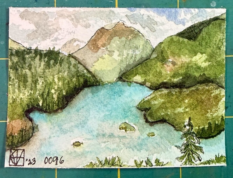Painting by M. Hackney Lake Mountain Watercolor Signed Original 2.5x3.5" ACEO gallery