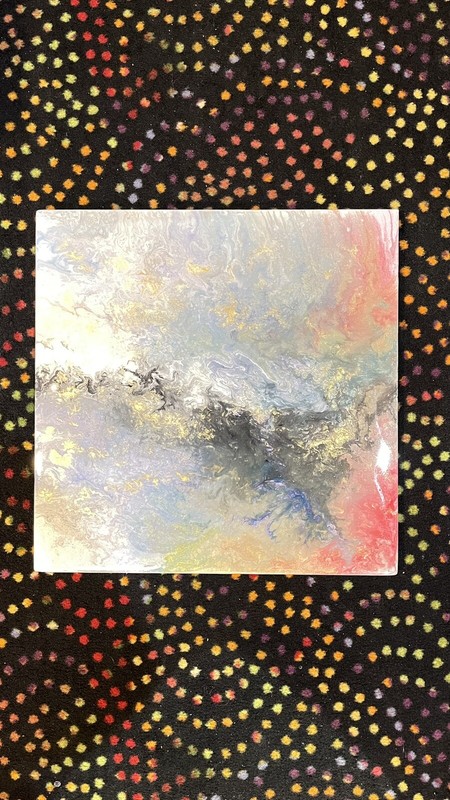 Acrylic Abstract Pour Painting On Wood Canvas, finished With Epoxy, 18X18X0.5.