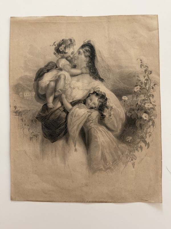 Etching by Ignaz RUNGALDIER (1799-1876) Woman with Children CONVOLVULUS