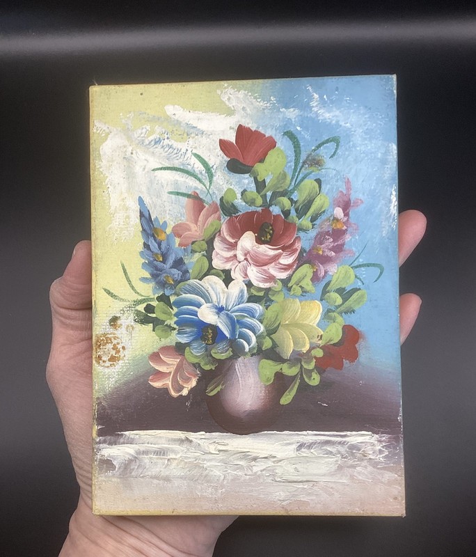 Vintage Mini Oil Painting Flower Roses Greens Still Life on Canvas 5x7 Art Boho gallery