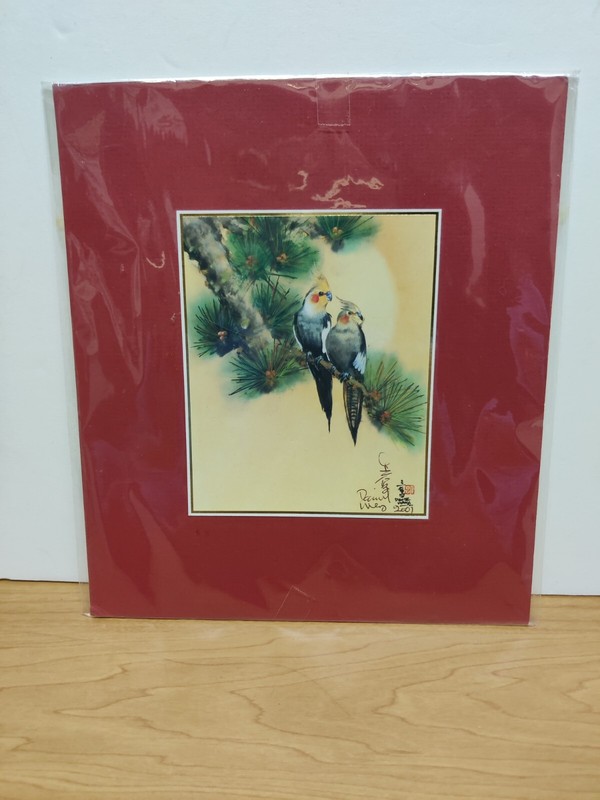 Parakeets Painting By Daniel Wang Shanghai Artist Matted 8″ X 9.5″ Signed/Dated