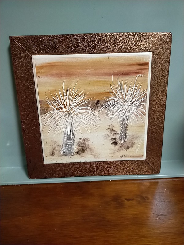Marj Eastman & frame by Jim Tile Painting copper frame c 1930 VGC 20x20cm