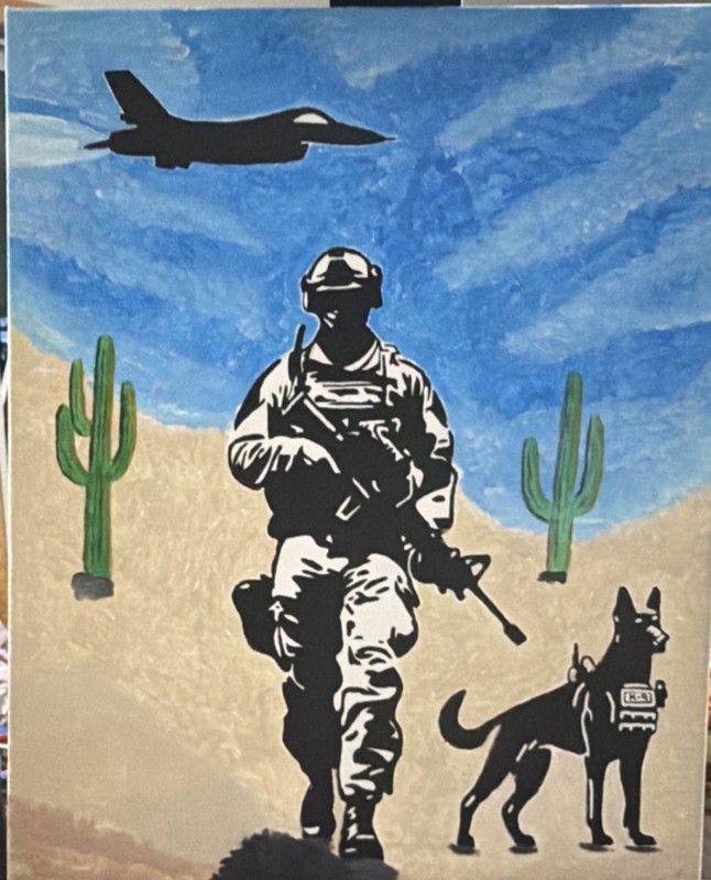 Military Soldier Dog Desert Aircraft Acrylic Canvas Original Illustration Paint…