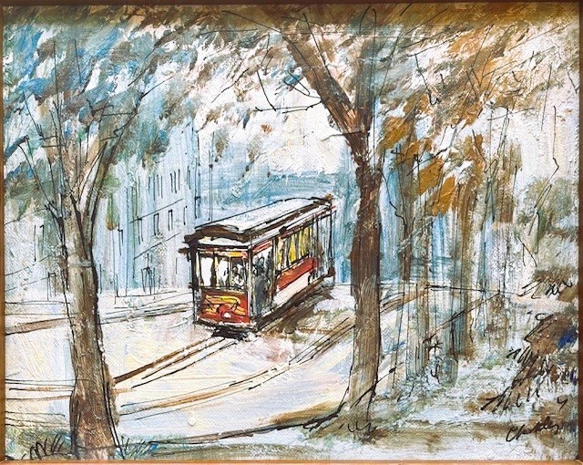 John Checkley Original Vintage Oil Painting Red Cable Car 10x8 FRAMED 13x11 gallery