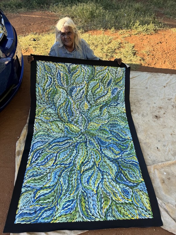 Rosemary Petyarre .Authentic Aboriginal Art. Bush yam flower, Size; 150 x 100cm gallery