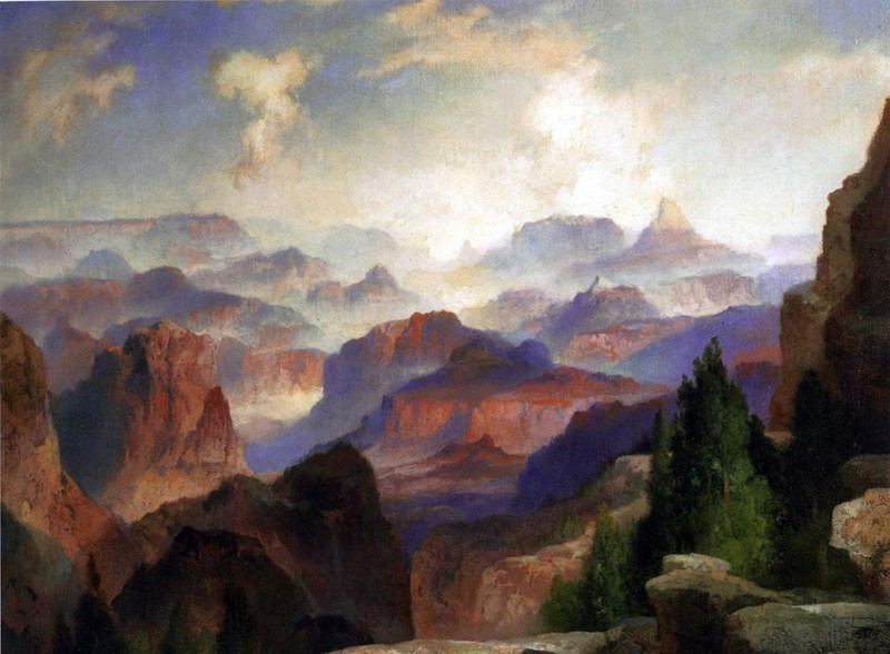 Oil art Thomas Moran – The Grand Canyon landscape with mountains free shipping