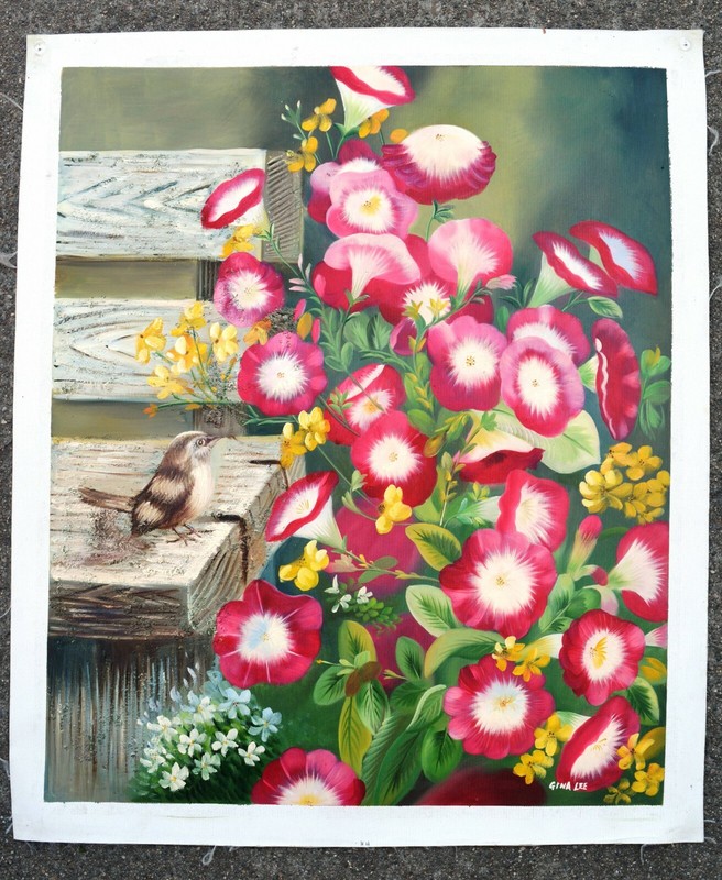 BIRD STAND ON BENCH CHAIR BESIDE RED FLOWER 24″ CANVAS OIL PAINTING ART GIFT F42