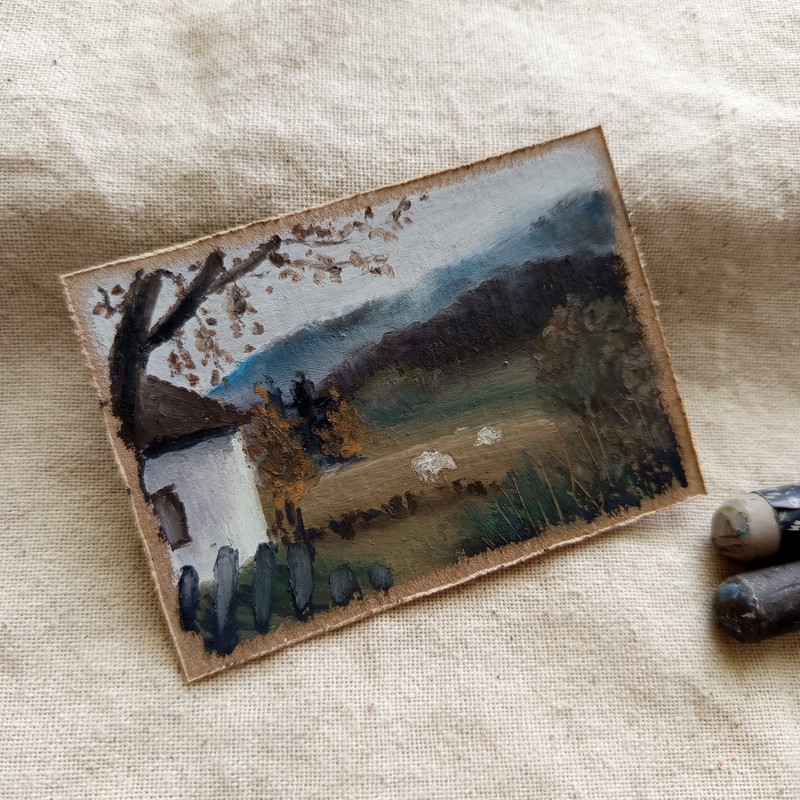Original ACEO Sheep Cottage Moody Landscape Rural Autumn Miniature Painting OOAK