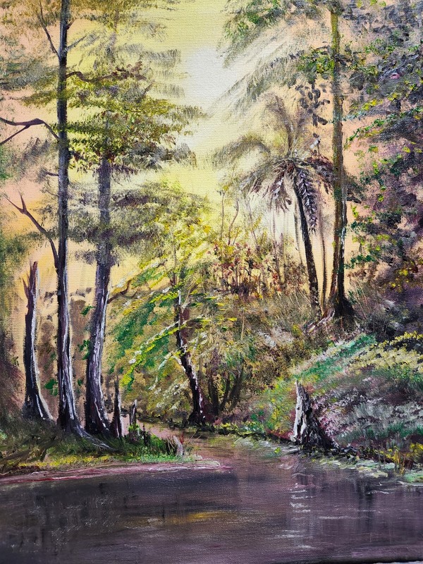 Trees reflecting in River Oil Painting done in the Bob Ross wet on wet Style