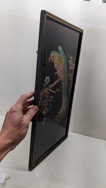 Antique Reverse painted Glass Tinsel foil Art Parrot wood frame 1920's Deco Tiki gallery