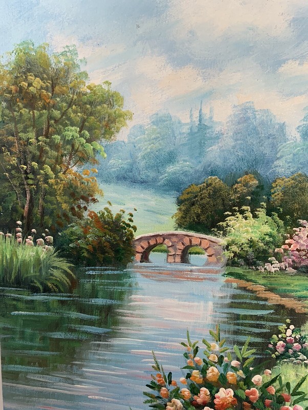 Original W. Hodges Oil Painting Colorful Flowers Country Home Water Bridge Trees gallery