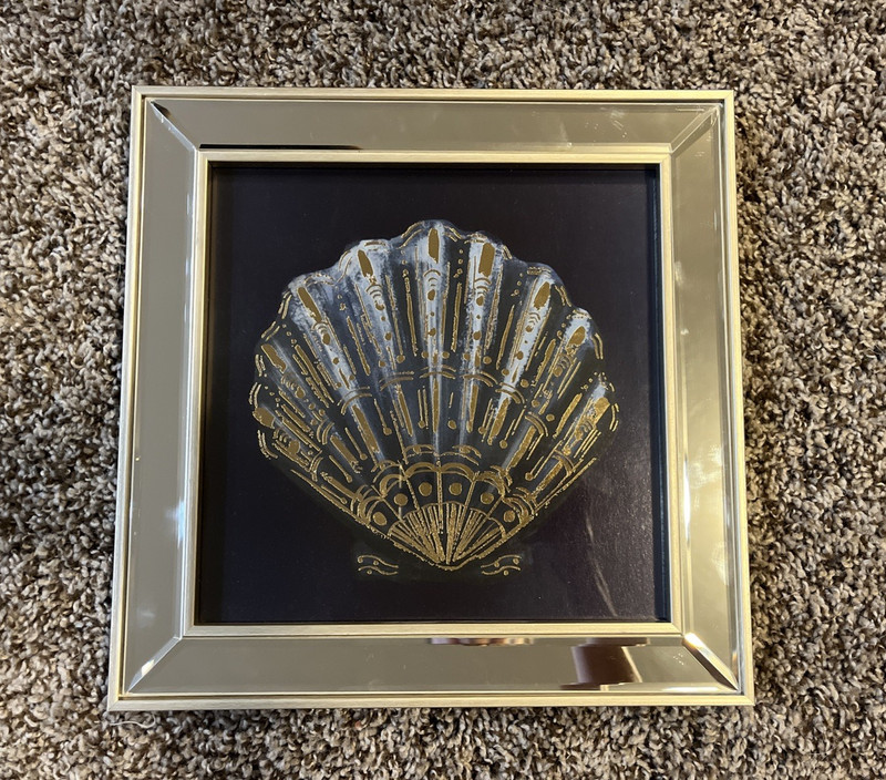 Sea Shell Painting Beach Themed Glass Mirror Framed Art Home Decor 12”x12”