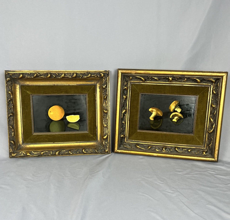 Pair L. Busta Original Panel Paintings 1980s Still Life Fruit & Mushrooms Framed