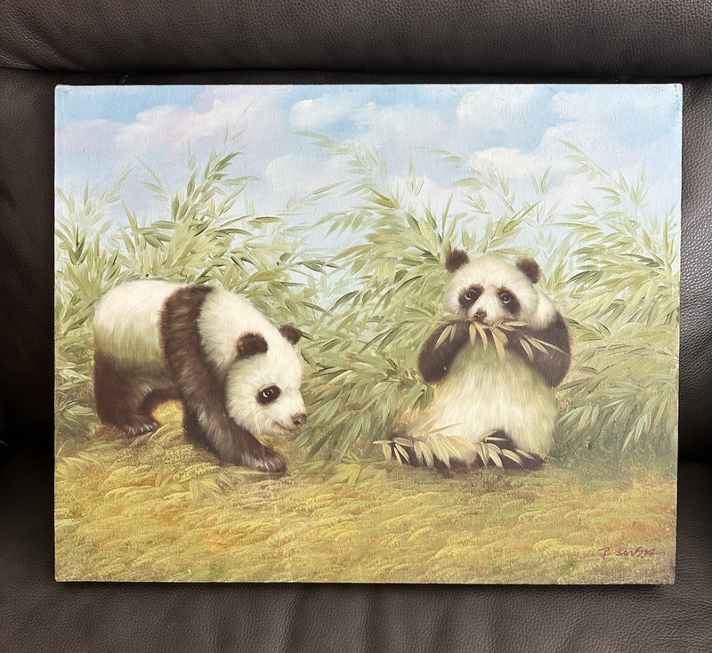 VTG Artist SIGNED ORIGINAL Oil PAINTING Panda Bear Bamboo 20×16