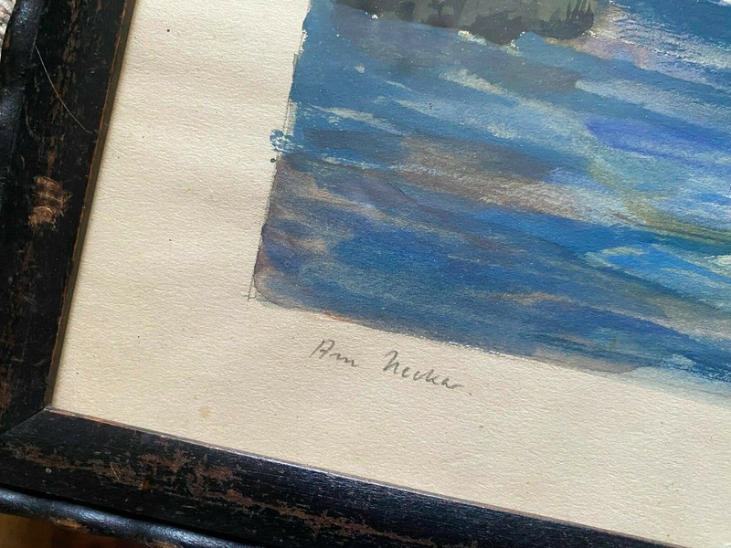 Neckar° Gouache Antique Indistinctly Signed° Painting Frame Autumn Shore Natur gallery