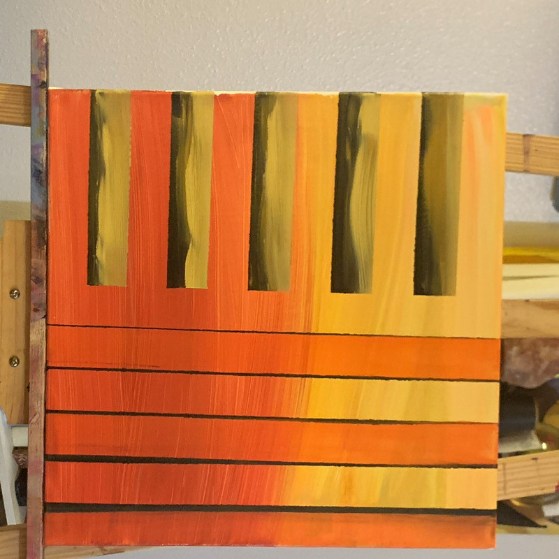 Abstract Geometric Painting, Orange Yellow Green w/ Black Lines, Unframed