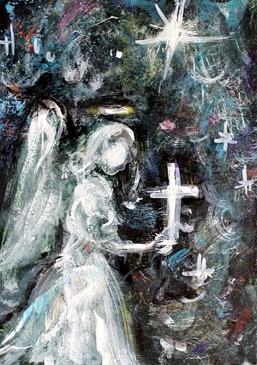 ORIGINAL ACEO Painting ANGEL & ORBS Spiritual Heavenly Light Universe ATC ART