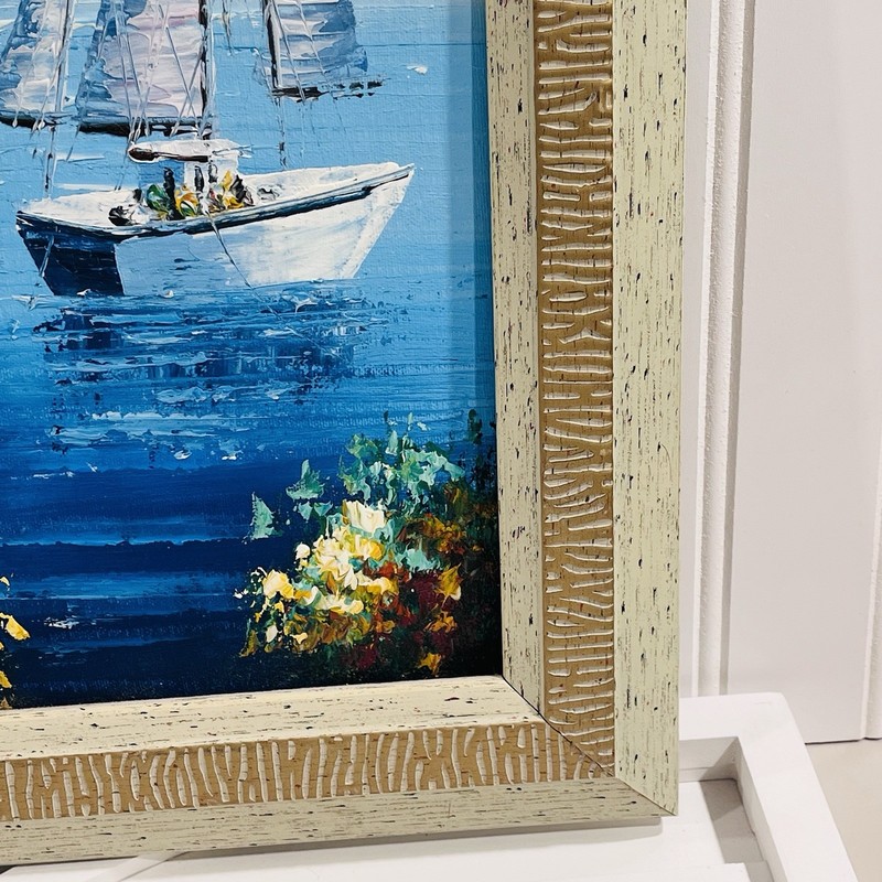 Vintage Mediterranean Coastal Oil Painting Impressionist 15" x 19" Framed gallery