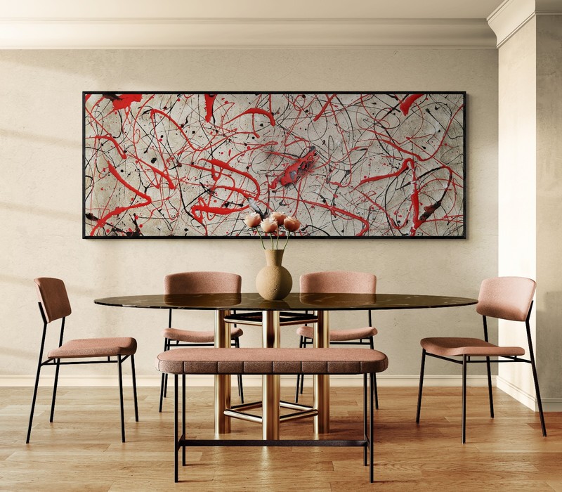 Panoramic Jackson Pollock Style Red & Black Canvas – 78×29 in gallery