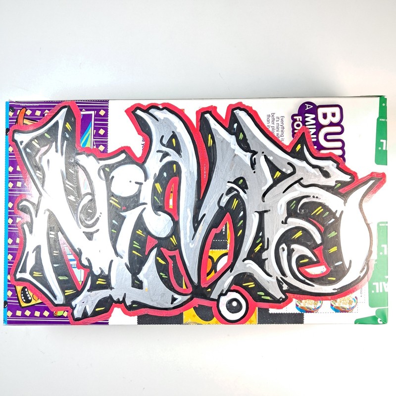 NIMBUS Painting on Upcycled Cereal Box Original Graffiti Style Metallic Silver
