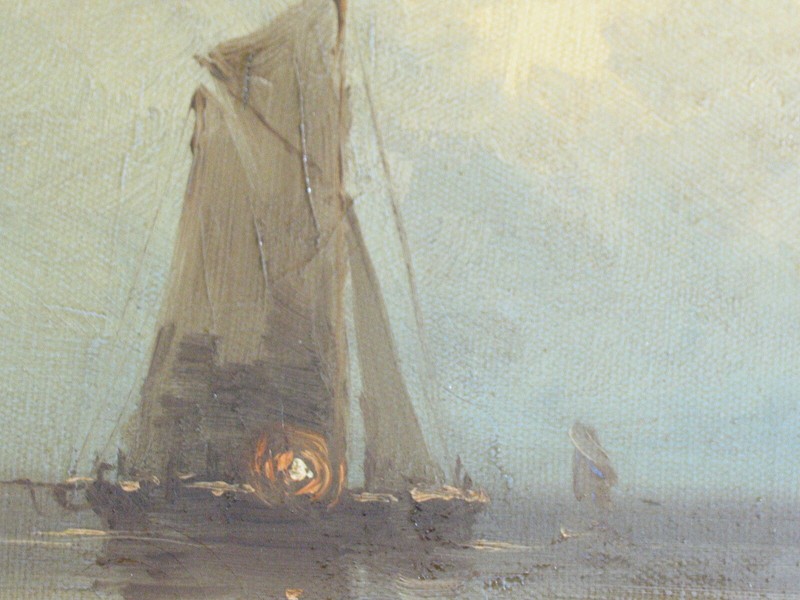 J. Brown Antique Seashore Scene Sailing Ship & Fishermen Oil painting on Canvas gallery