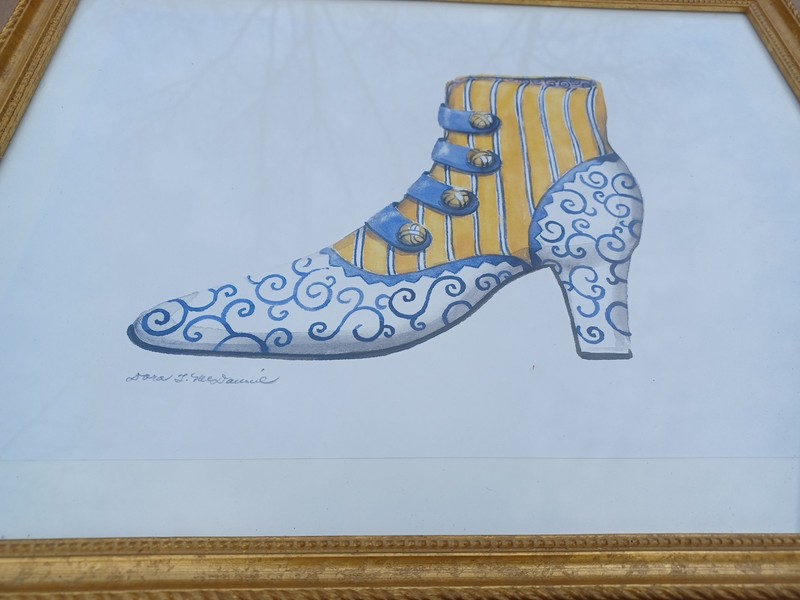 Pair Watercolor Paintings Victorian Shoe by Dora T McDaniel Framed Signed 12X15 gallery