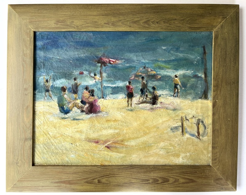 Early 20th c. Modernist impasto beach with figures/umbrellas, unsigned