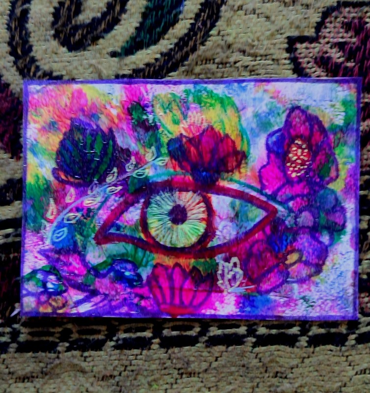 ORIGINAL HANDMADE ACRYLICS COLORS SMALL PAINTING ACEO/Flower eyes/DECO 3.5X2.5