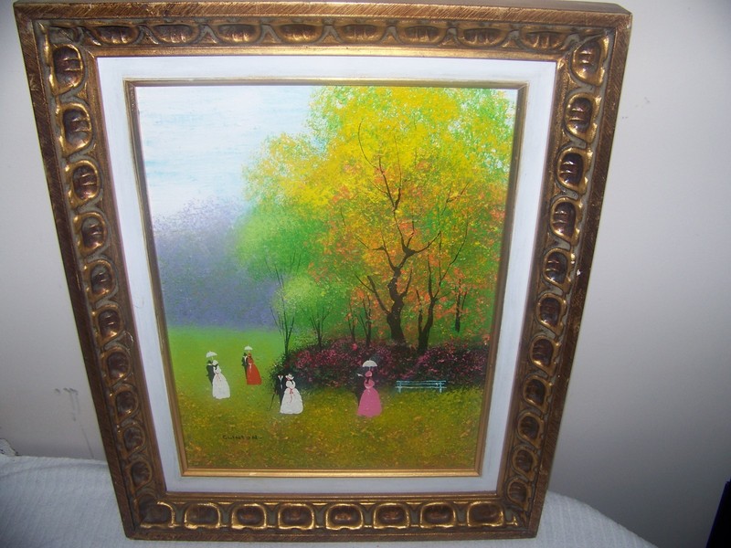 Clinton-Artist, Unknown, Oil Canvas «Sunday Stroll» Robert Sills Gallery, signed