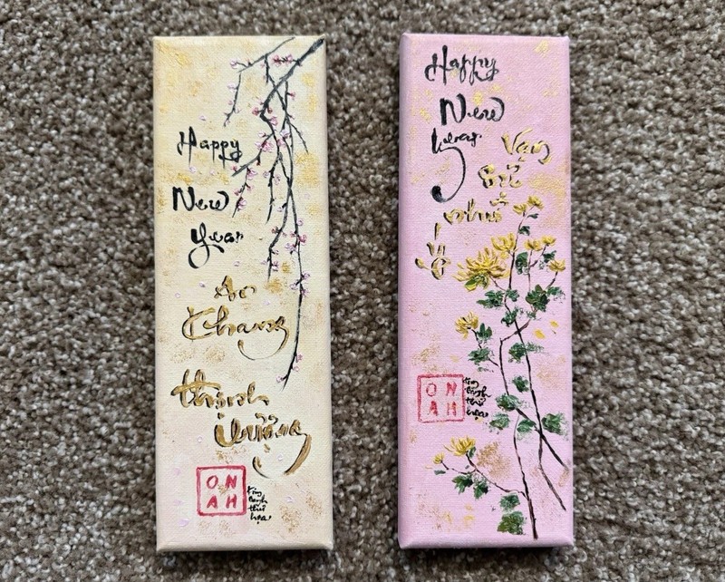 SET 2 ORIGINAL OIL PAINTING VIETNAMESE CALLIGRAPHY NEW YEAR TRANH TẾT SIGNED 3×9