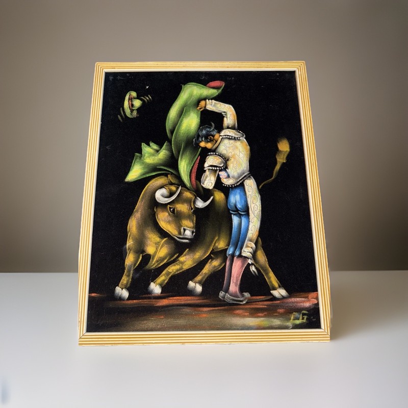 Vintage 1970s MCM Black Velvet Painting Matador Bullfight Kitsch gallery
