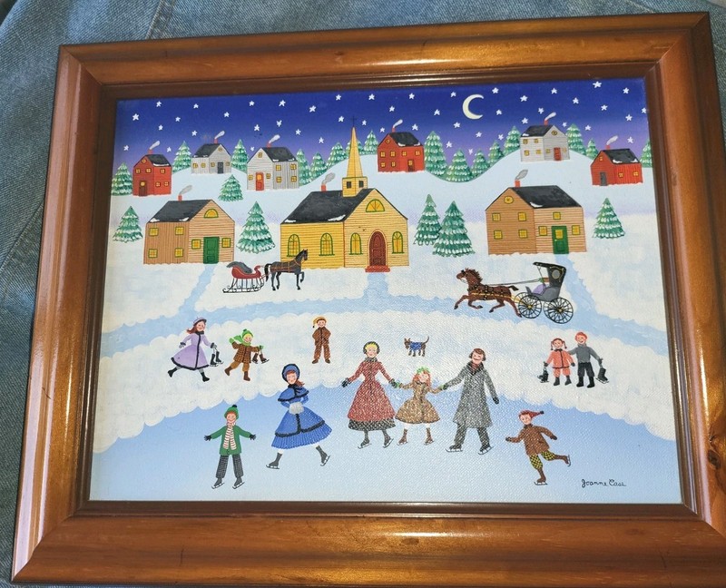 Price Drop! Original Joanne Case Folk Art Acrylic Painting «Skaters At Night»