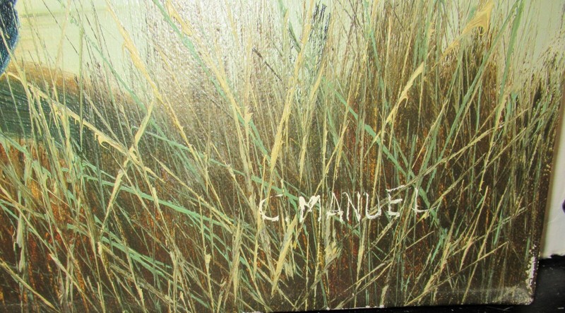 C.MANUEL BOY FISHING OIL ON CANVAS RIVER BIRDS LANDSCAPE PAINTING UNFRAMED gallery