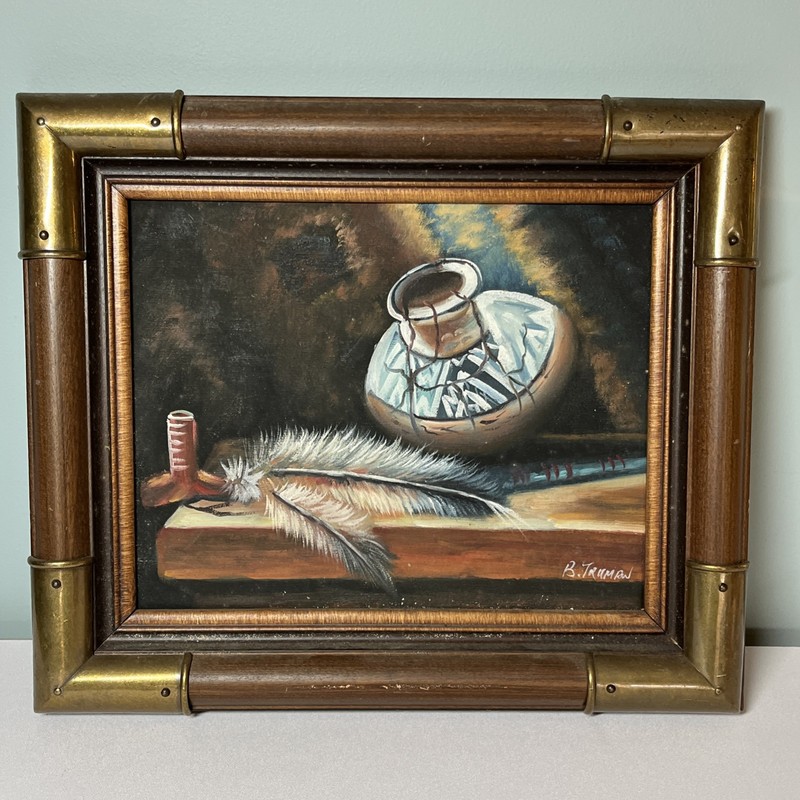 Vintage SW Native American Still Life Oil Painting B. Truman Wood & Brass Frame