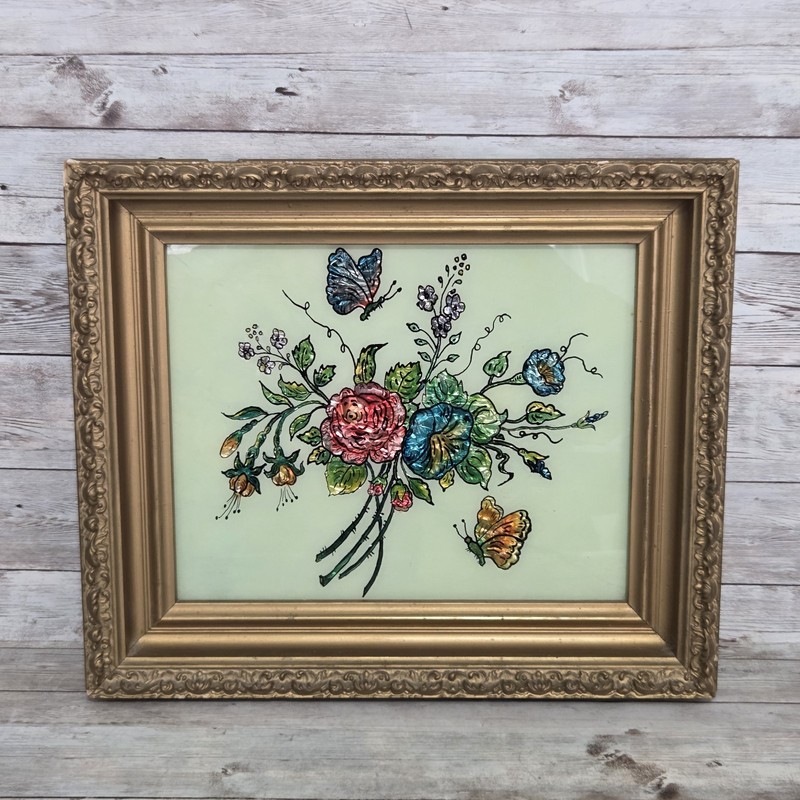 Vintage Tinsel Reverse Glass Painting Gold Gesso Wood Frame Floral Butterfly