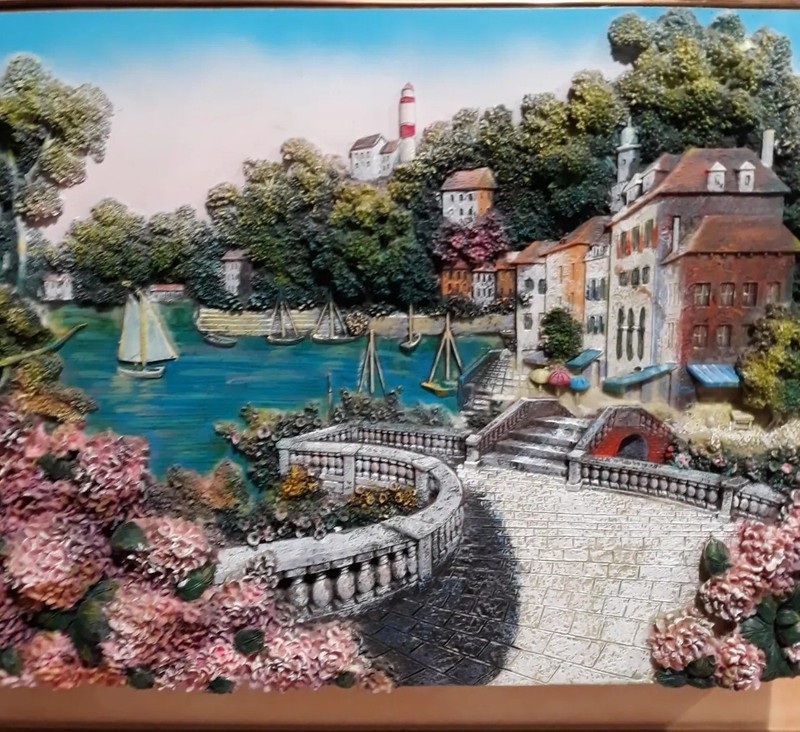 3D Embellished Ceramic Painting Canvas Coastal Portofino Framed 20x24" Vintage gallery