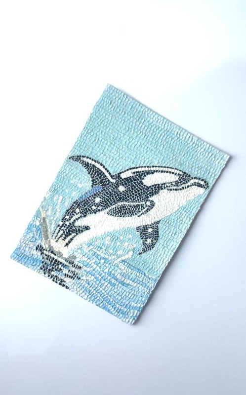ACEO OOAK Handmade Art Card Dolphin Paper Mosaic Collage 2.5×3.5 Miniature