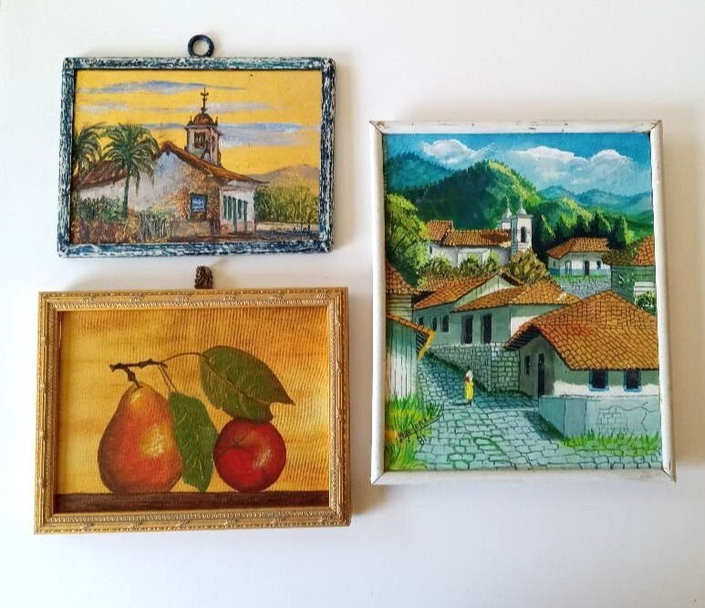 3 VTG framed original paintings church landscape still life bright wall gallery