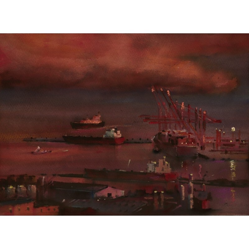 ORIGINAL Painting Impressionism Cityscape Port Sunset 10.6″x14.5 Piter Ilitzky